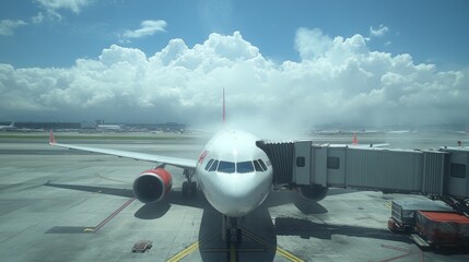 Airplane at Airport Gate with Jet Bridge and Cloudy Sky