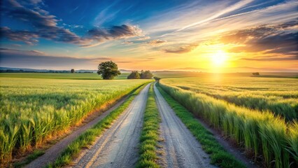 Obraz premium Scenic view of country road and green wheat fields at sunrise