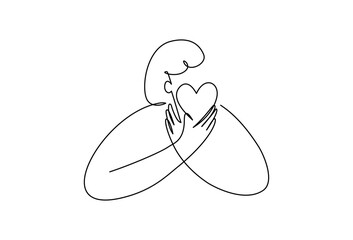 Line art of a woman with heart shape in self love concept , editable stroke.
