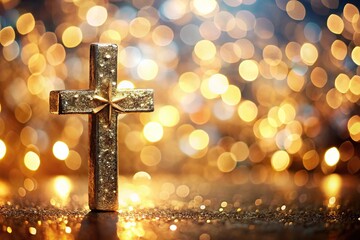 Shimmering cross with bokeh light background tilted angle