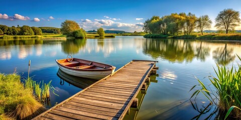 Obraz premium Scenic view of fishing lake with wooden jetty, row boat, and life rings in English countryside