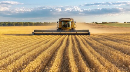 Obraz premium A yellow harvester working in a golden field under a blue sky, showcasing agricultural activity.