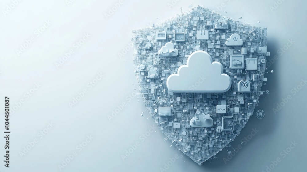 Poster Creative cloud symbol surrounded by abstract digital elements representing data security and privacy in a modern tech environment