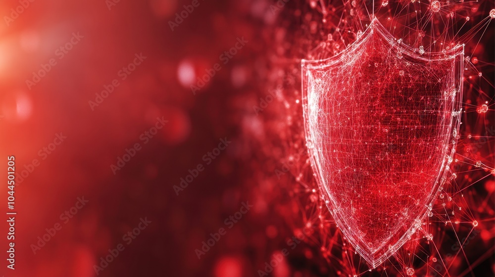 Poster digital shield overlaying a vibrant red background illuminated by light particles in a futuristic cy