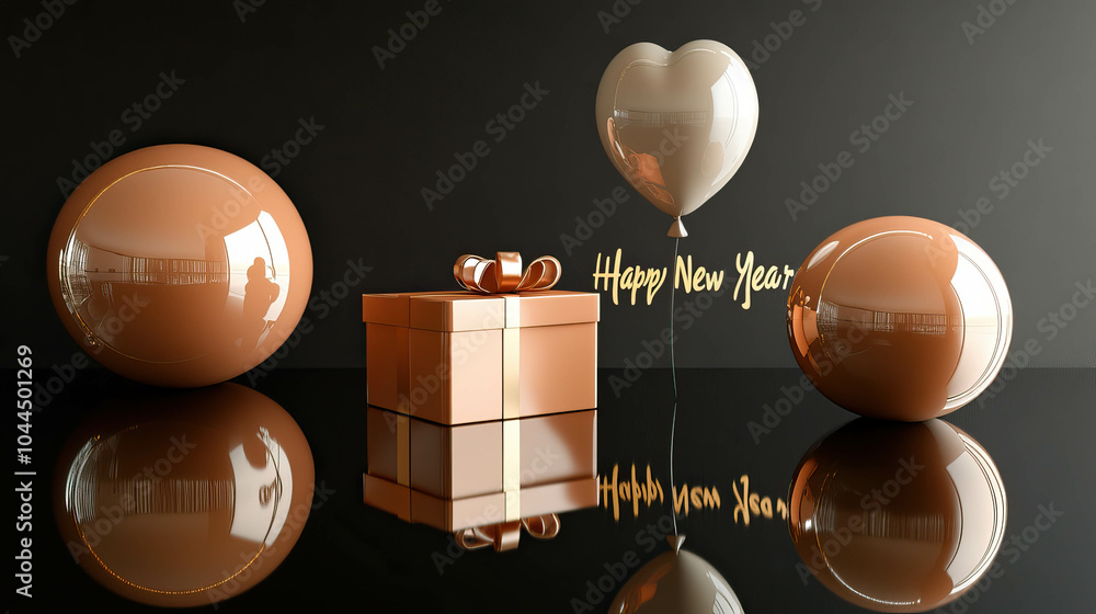Poster a box with a bow on top of it and a heart balloon in the background. the box is labeled happy new ye