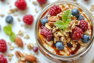 Overnight oats in a jar with berries, nuts, and honey drizzled on top