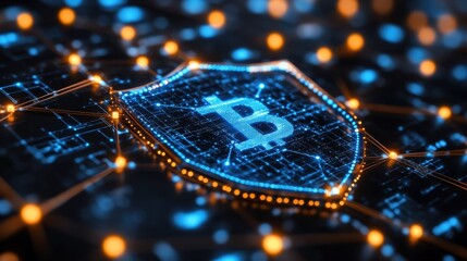 Exploring the intricate digital network of Bitcoin security featuring vibrant connections and a glowing shield emblem