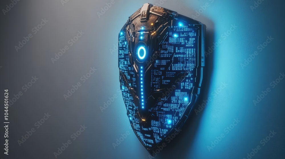 Poster a futuristic shield adorned with glowing blue lights, showcasing intricate technology on display aga