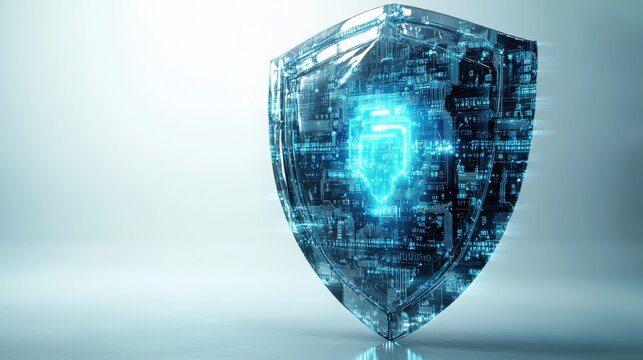 A digital shield shines with blue circuitry, symbolizing data protection and cybersecurity advancements in a futuristic technology landscape