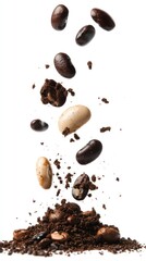 Obraz premium A dynamic display of coffee beans and grounds, showcasing their texture and variety.