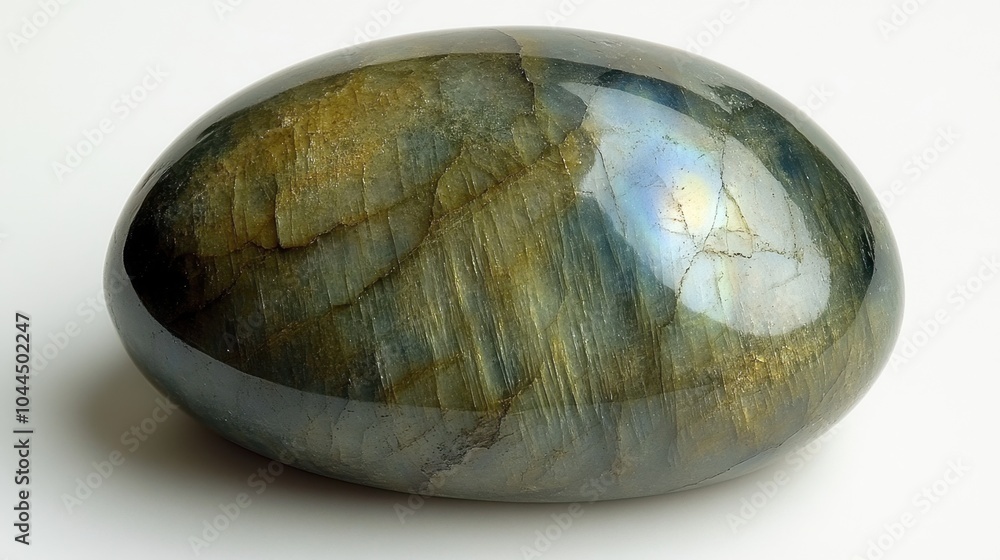 Poster a captivating labradorite stone showcasing its shimmering iridescence under soft lighting, highlight