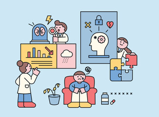 A patient with depression is receiving psychiatric counseling. A doctor is analyzing the patient. Cute character illustration with outline.