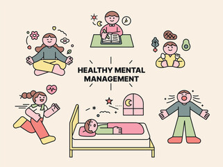 A routine for managing your mental health. Cute character illustration with outline.