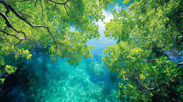 Looking up at a lush green mangrove forest, we see nature's way of fighting climate change. These trees naturally absorb carbon dioxide, helping us create a greener and more sustainable world.