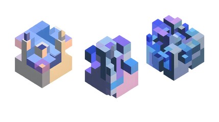 Set of geometric compositions with cubes, 3d render