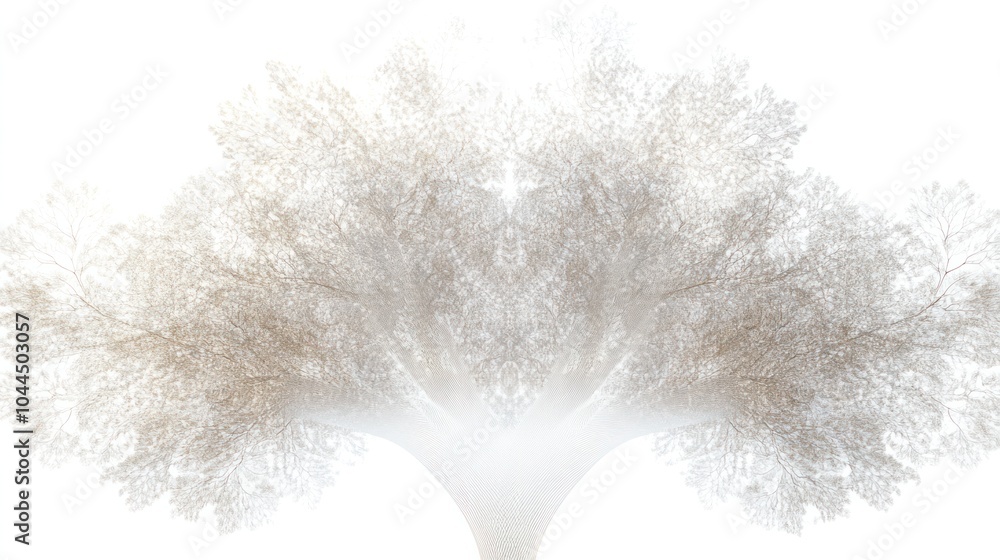 Poster conceptual depiction of a quantum tree, where the trunk is composed of delicate lines and particles,