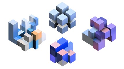 Set of geometric compositions with cubes, 3d render