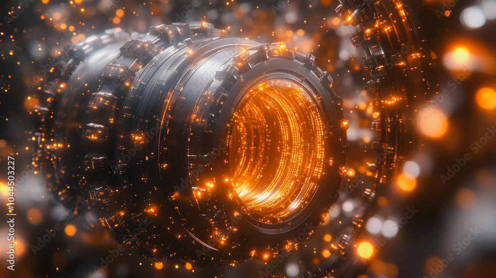 Poster a glowing orange object with a hole in the middle. the object is surrounded by a lot of glowing spar