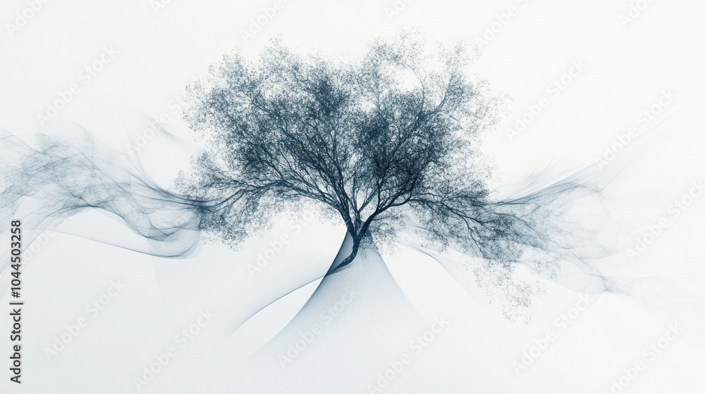 Poster conceptual depiction of a quantum tree, where the trunk is composed of delicate lines and particles,
