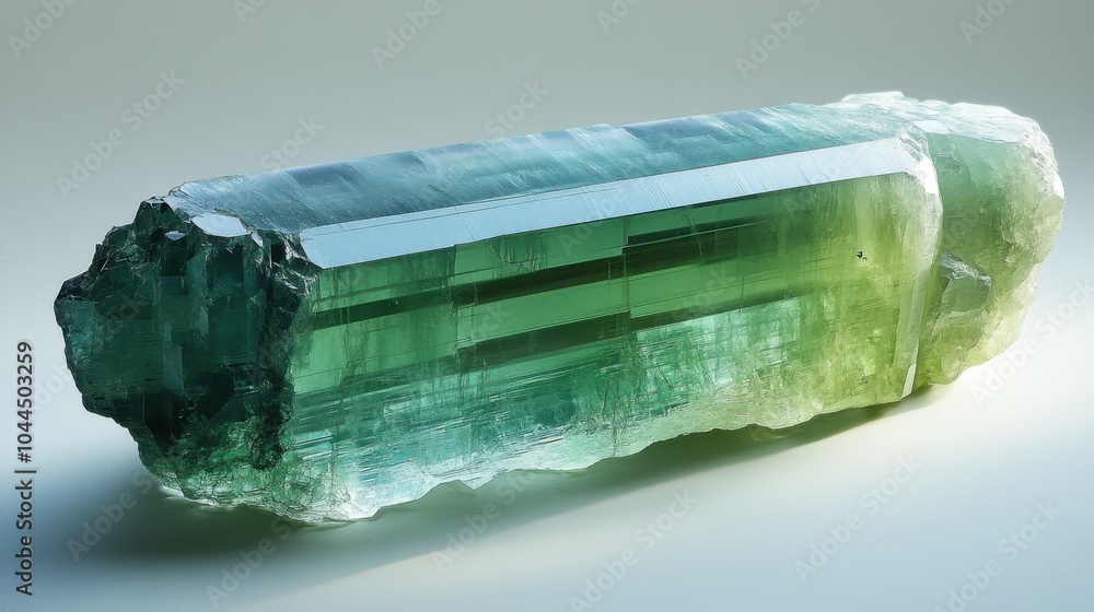 Poster a stunning green tourmaline crystal displaying unique formations against a subtle backdrop of soft l