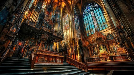 Obraz premium Ornate Wooden Pulpit in Grand Gothic Cathedral