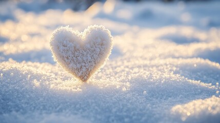 Fototapeta premium A heart-shaped object covered in snow glistens in a winter landscape, symbolizing love and warmth.