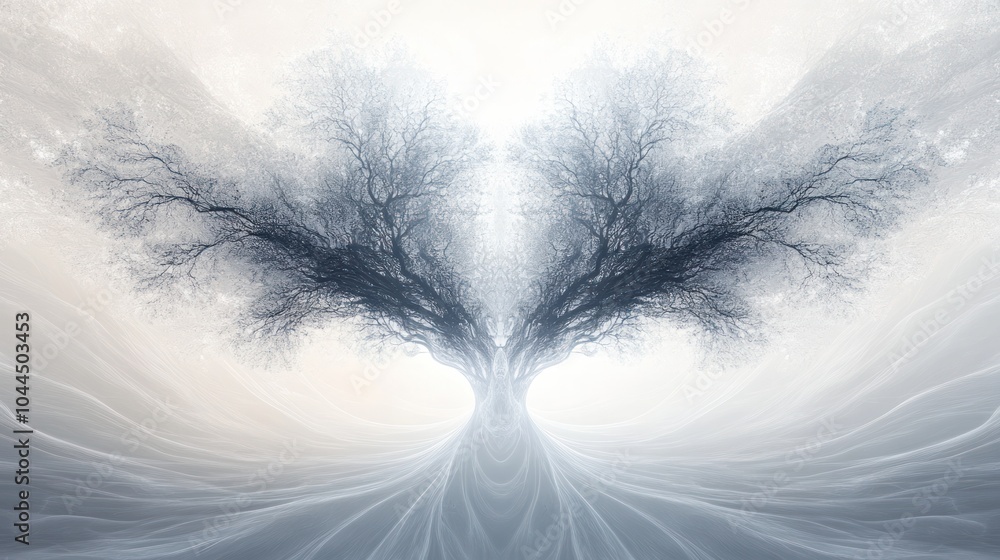 Poster conceptual depiction of a quantum tree, where the trunk is composed of delicate lines and particles,
