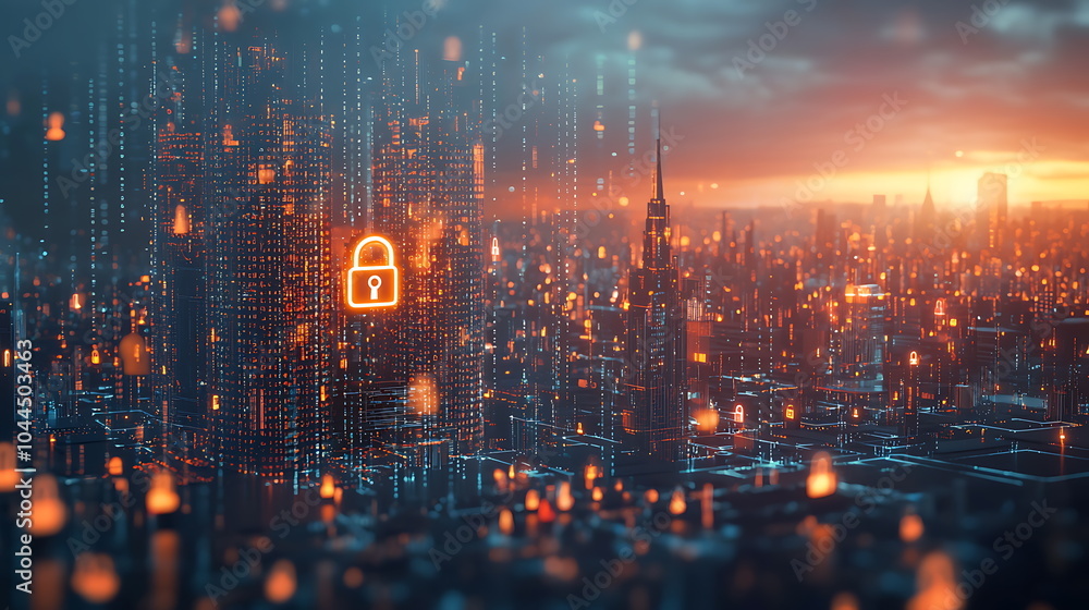 Poster Futuristic cityscape featuring a digital lock symbol a glimpse into secure urban environments in the age of technology