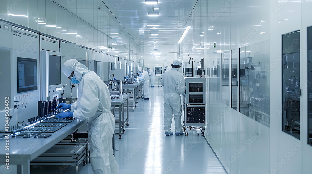 Fototapete Meticulous technicians in a cleanroom environment ensuring precision in high-tech operations and safety protocols