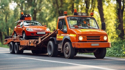 Tow Truck Assisting Broken Down Car on Highway