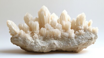 Elegant clusters of creamy-white crystals emerge from a textured rock base, showcasing nature\'s artistry in a serene setting