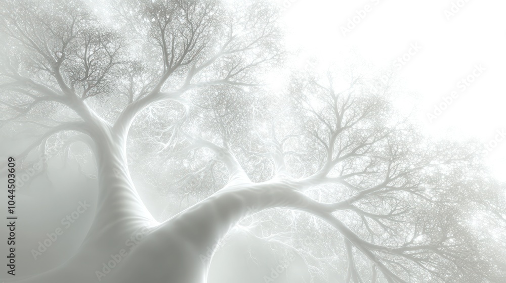 Poster conceptual depiction of a quantum tree, where the trunk is composed of delicate lines and particles,