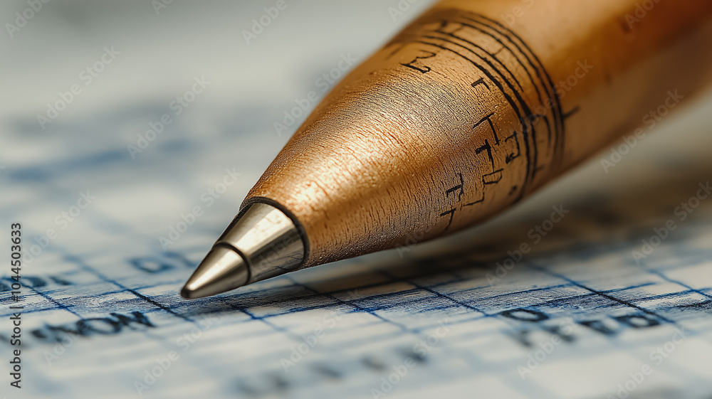 Poster a pen is sitting on a piece of paper with numbers and letters. the pen is pointed and has a sharp ti