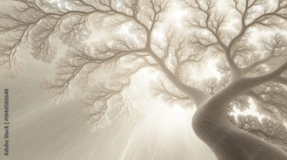 Poster conceptual depiction of a quantum tree, where the trunk is composed of delicate lines and particles,