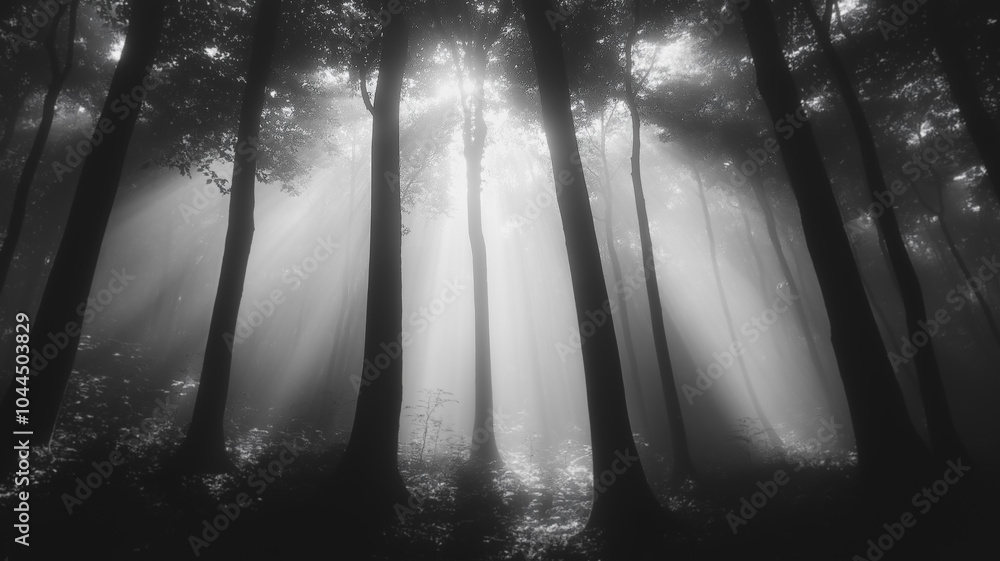 Poster a forest with trees in the foreground and background. the sunlight is shining through the trees, cre