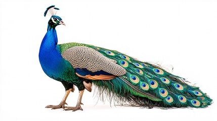Fototapeta premium Isolated proud peacock displaying its beautiful blue and green plumage