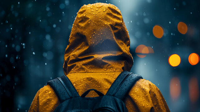 A person wearing a yellow raincoat and a black backpack is standing in the rain. The rain is falling on the person and their backpack, creating a wet and gloomy atmosphere - Powered by Adobe