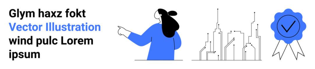 Woman pointing to text, urban skyline drawing, and blue achievement badge with check mark. Ideal for business, professional success, urban development, goal achievement, and presentations. Banner