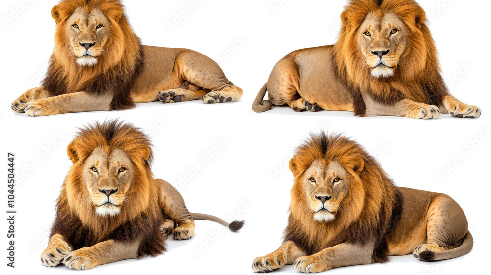 Poster collection of four regal lions displayed on a transparent background generative ai