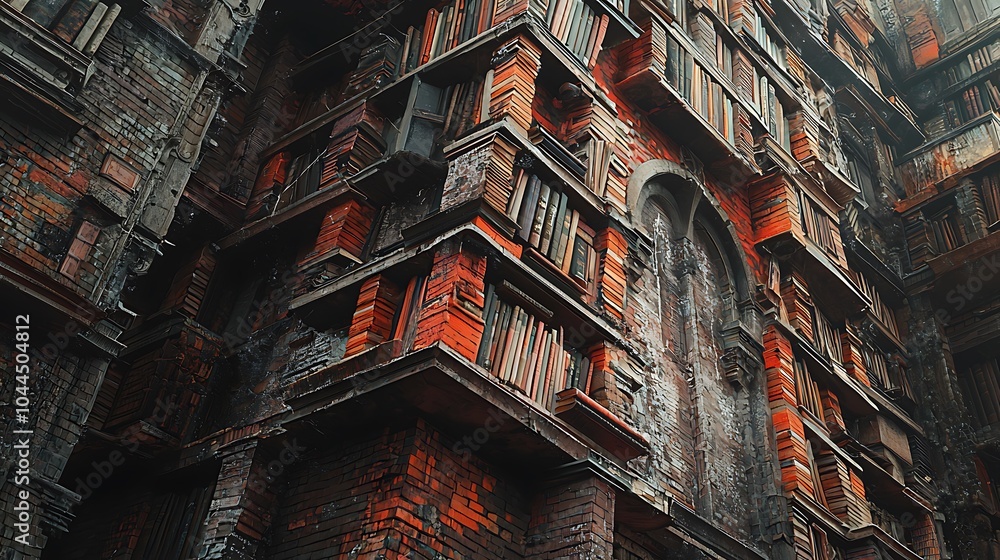 Poster A towering library an imaginative structure built with books as bricks showcasing the spines of knowledge in a unique architectural marvel