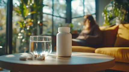 Close up of white pill bottle and glass of water on table with major depressive disorder person sitting on sofa