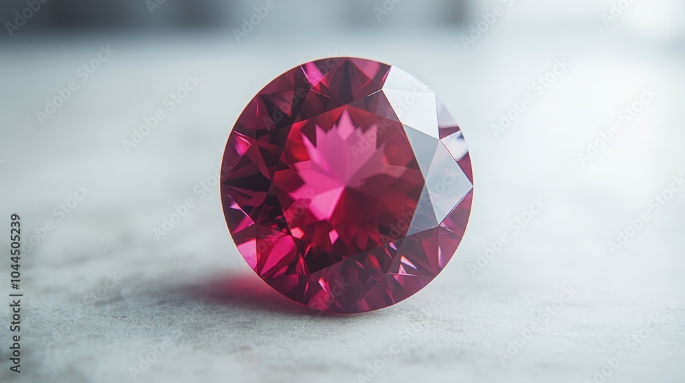 Poster radiant ruby gem rests gracefully on a soft grey surface, capturing light in an elegant display of c