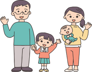Obraz premium 挨拶をする若い夫婦と子供の全身のイラスト