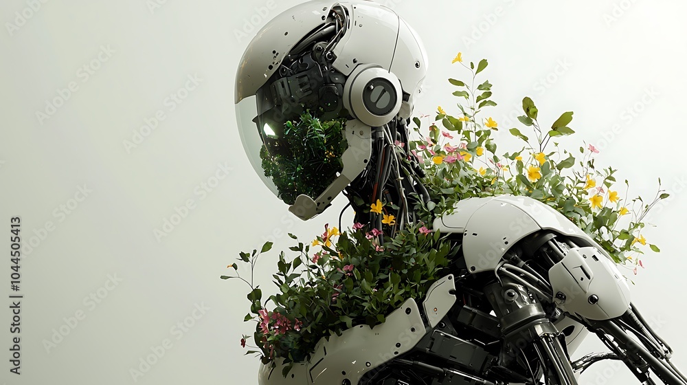 Poster Exploring the fusion of nature and technology a robotic being with a mechanical chest revealing a garden of life inside