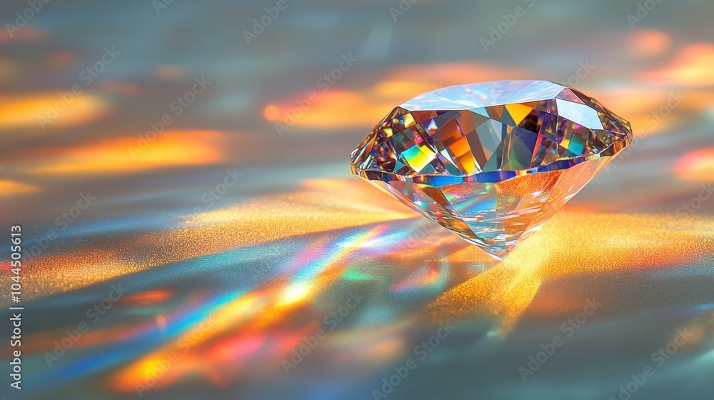 Poster a dazzling crystal diamond reflecting colorful light patterns on a smooth surface in a softly lit en