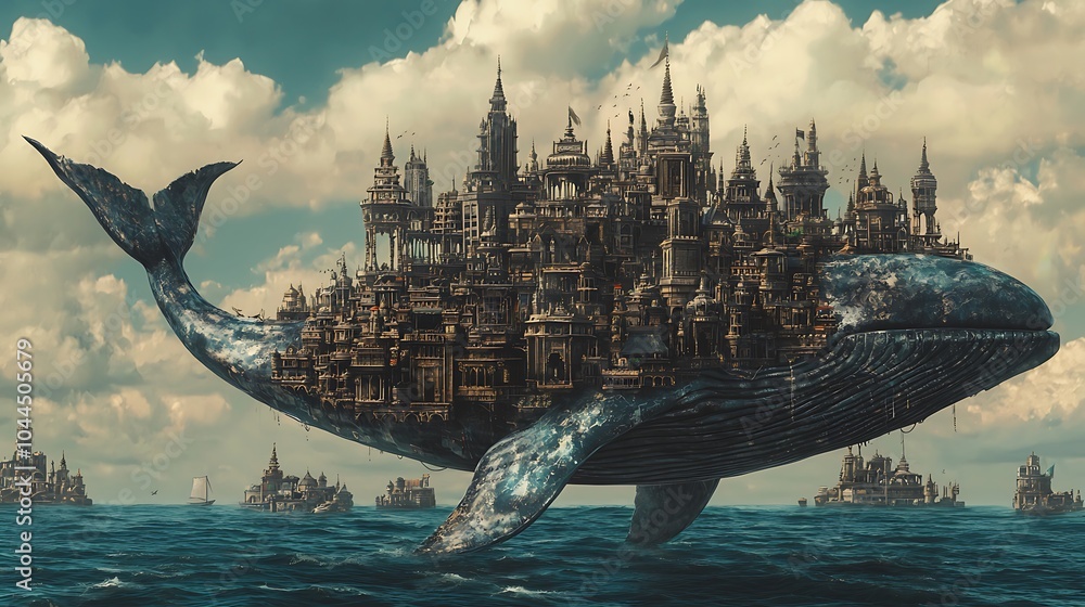 Poster a surreal journey through a floating city of temples and markets on the back of a gigantic whale