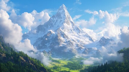Naklejka premium Majestic snow-covered peak standing tall above a valley of green forests, symbolizing nature's awe-inspiring power and beauty