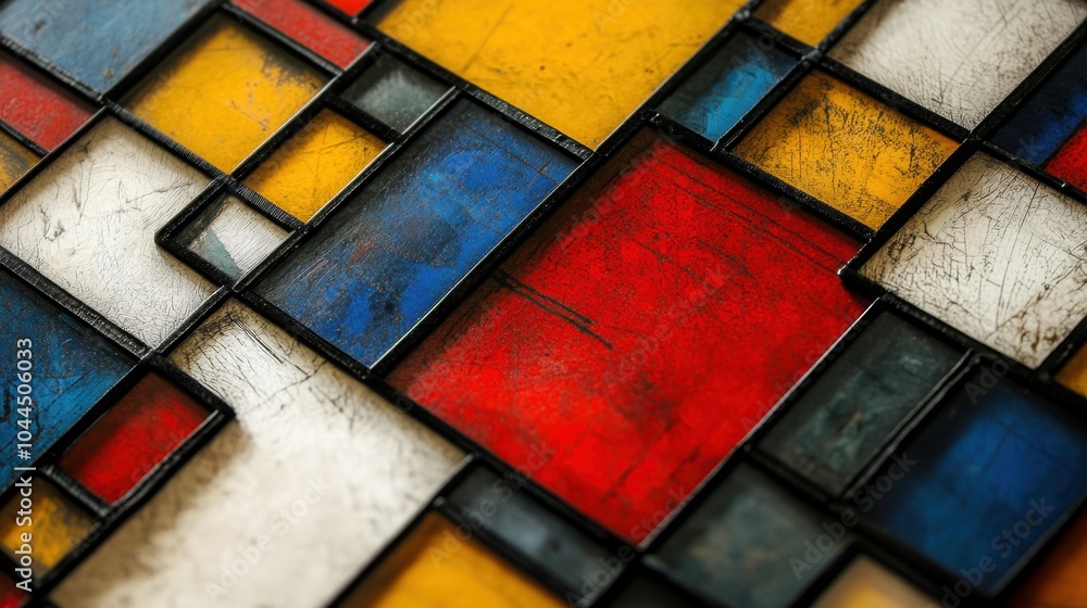 Poster a vibrant mosaic of geometric shapes in primary colors captured in a close-up view highlighting intr