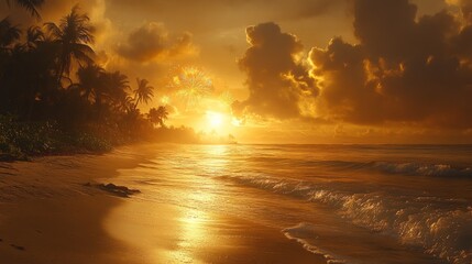 Golden Sunset Fireworks Over Tropical Beach with Palm Trees
