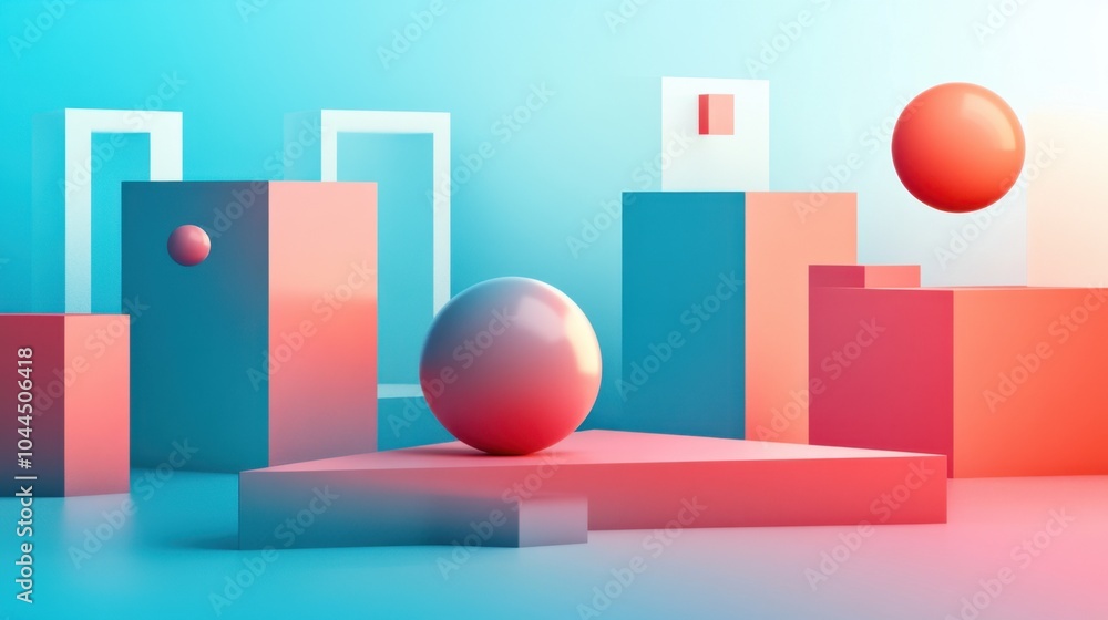Poster abstract geometric forms create a playful composition in vibrant pink and blue tones, illuminated by